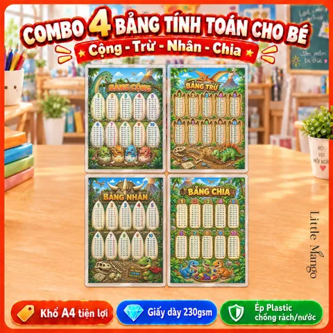 Combo 4 Bảng Cửu Chương Cộng Trừ Nhân Chia A4 Ép Plastic Cho Bé – Hải Tặc, Máy Bay, Khủng Long