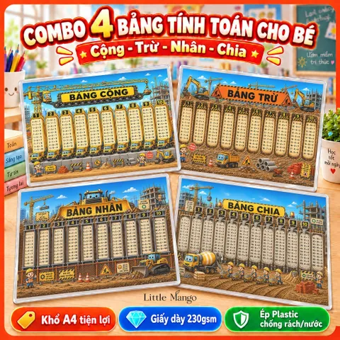 Combo 4 Bảng Cửu Chương Cộng Trừ Nhân Chia A4 Ép Plastic Cho Bé – Xe Công Trình, Vũ Trụ, Thám Tử