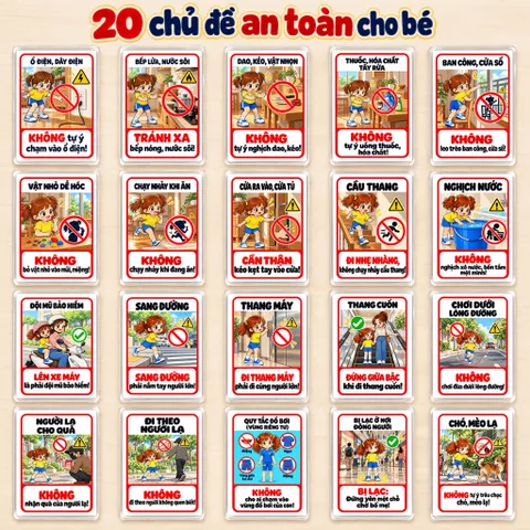 Bộ 20 Thẻ Học Cảnh Báo Cho Bé – Mẫu Bé Gái, Học Kỹ Năng An Toàn, Ép Plastic, A4 A5 A6