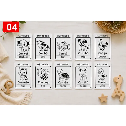 Flashcard Kích Thích Thị Giác A5 Cho Bé Sơ Sinh Đen Trắng 0-12 Tháng Thẻ Học Montessori Song Ngữ Việt Anh