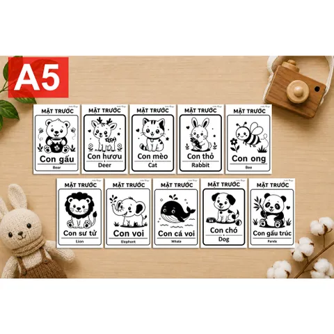 Flashcard Kích Thích Thị Giác A5 Cho Bé Sơ Sinh Đen Trắng 0-12 Tháng Thẻ Học Montessori Song Ngữ Việt Anh