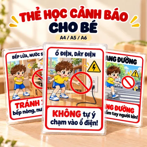 Bộ 20 Thẻ Học Cảnh Báo Cho Bé – Mẫu Bé Trai, Học Kỹ Năng An Toàn, Ép Plastic, A4 A5 A6