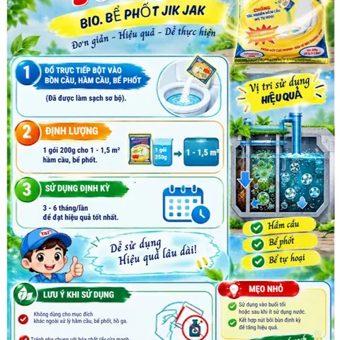 Men BIO Bể Phốt JIK JAK 200g – Xử Lý Hầm Cầu, Hỗ Trợ Khử Mùi, Phân Hủy Chất Hữu Cơ, Diệt Trứng Giun