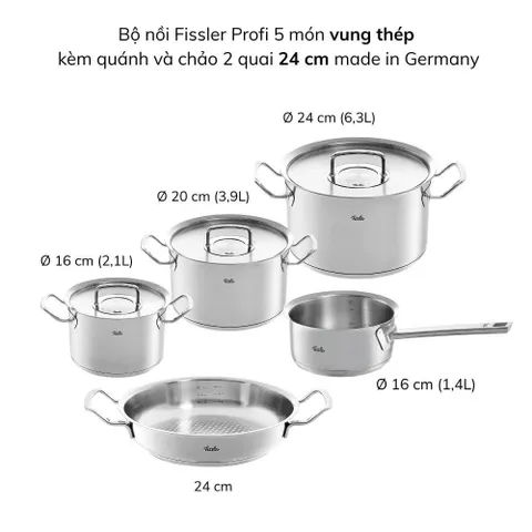 Bộ nồi Fissler Profi 5 món vung thép kèm quánh và chảo 2 quai 28cm made in Germany