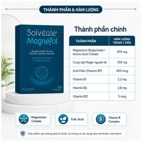 Viên uống bổ sung Magie hữu cơ Solvitale Magnefol Magie, Vitamin B, hỗ trợ giảm mệt mỏi căng thẳng