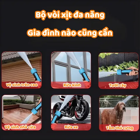 Bộ Vòi Xịt Tưới Cây Rửa Xe Đầu Phun Tăng Áp 6 Chế Độ Dây Dày 2 Lớp Chống Mài Mòn SUNBEAM Dài 5-10-15-20 Mét