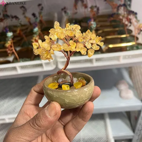 Cây Tự Nhiên, Đế Gốm Sứ Dây Đồng Đá Quý Cây, Sức Khỏe Tinh Thần Handmade Năng Lượng Tích Cực May Mắn Tượng Văn Phòng