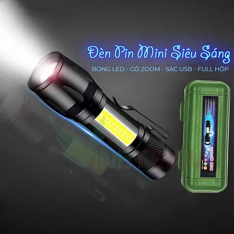 Đèn pin siêu sáng mini có Zoom xa gần, 3 chế độ sáng có móc treo tiện dụng tặng kèm hộp đựng, đèn pin mini cầm tay