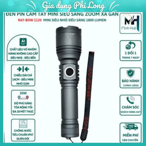 Đèn Pin Cầm Tay Mini Ray Bow -1120 Có Chế Độ Zoom Xa Gần , Chống Nước Khi Đi Mưa