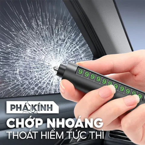 Búa Thoát Hiểm Ô Tô 4IN1 - Phá kính nhanh, Lưỡi dao bén, Đèn led sáng, Bảng số điện thoại