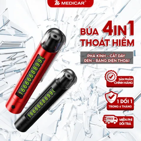 Búa Thoát Hiểm Ô Tô 4IN1 - Phá kính nhanh, Lưỡi dao bén, Đèn led sáng, Bảng số điện thoại