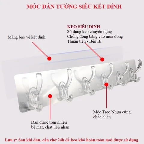 Thanh 6 Móc Trong Tiện Lợi (có Vỉ Bọc) Móc Dán Tường Siêu Kết Dính