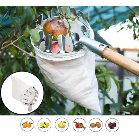 Vợt Hái Trái Cây Trên Cao Đa Năng Kèm Túi Vải, Dụng Cụ Hái Hoa Quả Kim Loại Siêu Bền Đẹp