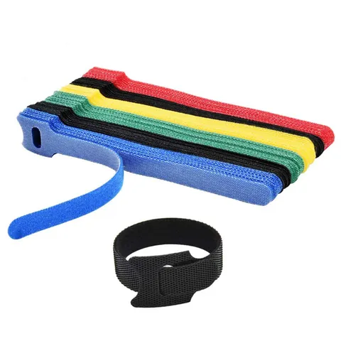 Sét 20 Dây Velcro dán tự dính 2 mặt chữ T , dây buộc gọn dây điện dây cáp có lỗ xỏ nhiều màu