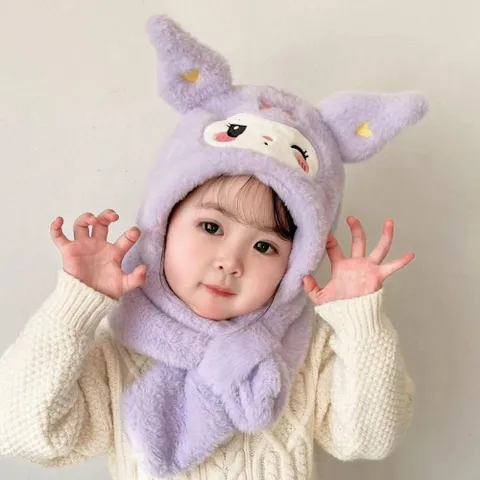 Mũ thu đông 2trong1 họa tiết kuromi🍀FREESHIP🍀Mũ kèm khăn quàng cổ 2in1 cho bé 3-12 tuổi mẫu mớii 2025.