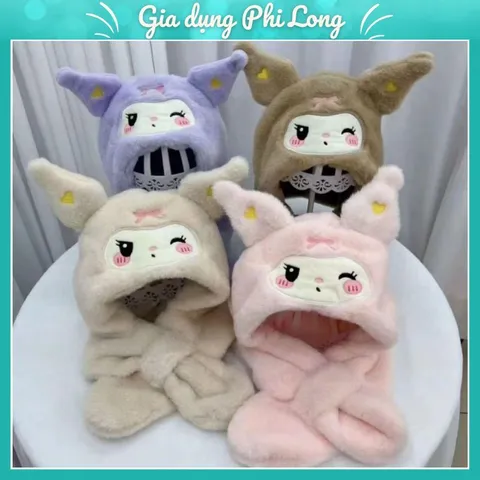 Mũ thu đông 2trong1 họa tiết kuromi🍀FREESHIP🍀Mũ kèm khăn quàng cổ 2in1 cho bé 3-12 tuổi mẫu mớii 2025.