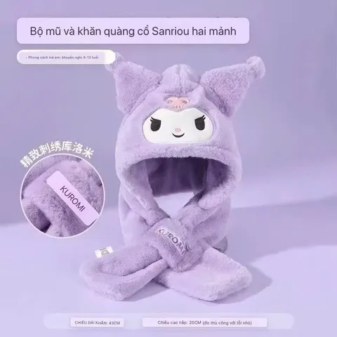 Mũ thu đông 2trong1 họa tiết kuromi🍀FREESHIP🍀Mũ kèm khăn quàng cổ 2in1 cho bé 3-12 tuổi mẫu mớii 2025.