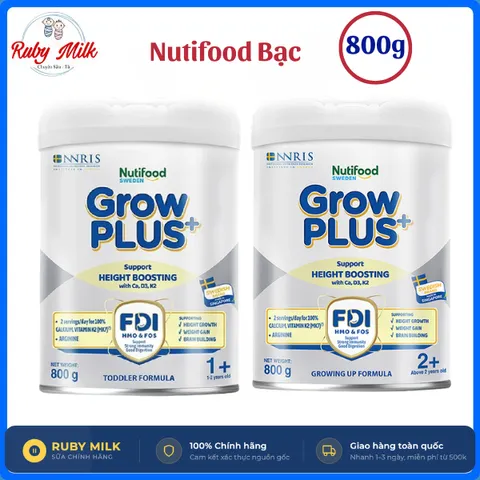 Sữa Bột Nutifood Sweden GrowPLUS+ Bạc Cao lớn vượt trội 1+, 2+ Lon 800g