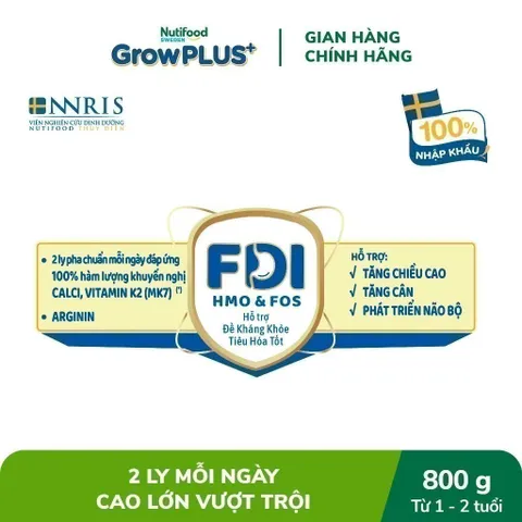 Sữa Bột Nutifood Sweden GrowPLUS+ Bạc Cao lớn vượt trội 1+, 2+ Lon 800g