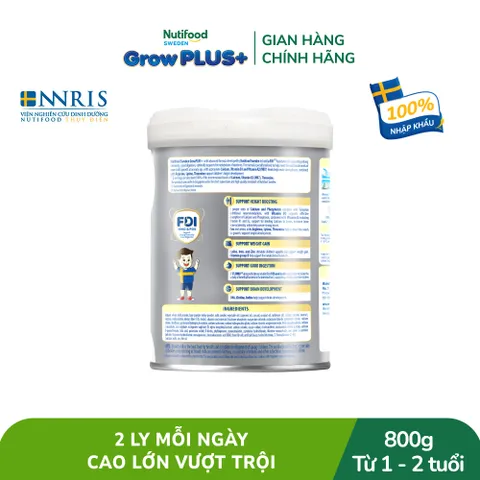 Sữa Bột Nutifood Sweden GrowPLUS+ Bạc Cao lớn vượt trội 1+, 2+ Lon 800g