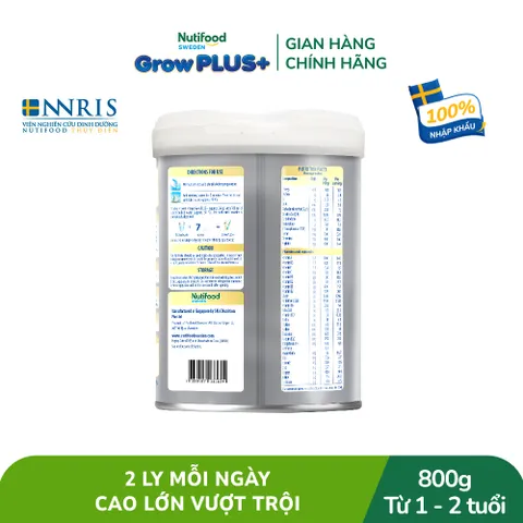 Sữa Bột Nutifood Sweden GrowPLUS+ Bạc Cao lớn vượt trội 1+, 2+ Lon 800g