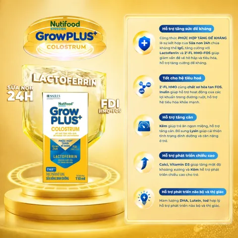 Thùng 24 Hộp Sữa bột pha sẵn Nutifood Sweden GrowPLUS+ Colostrum Lactoferrin 110ml, 180ml cho bé