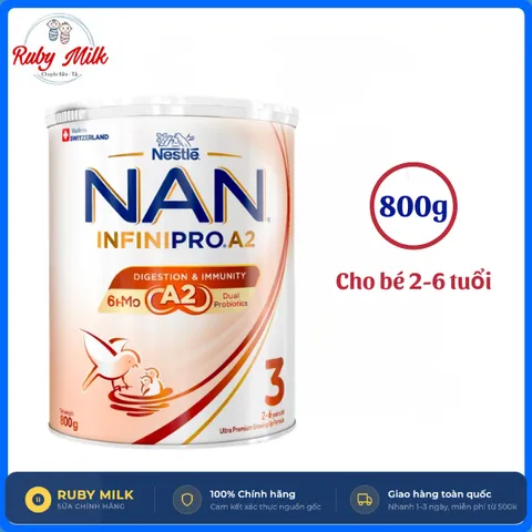 Sữa bột Nestle NAN INFINIPRO A2 3 800g Cho Bé 2 - 6 Tuổi Có Đạm A2, 6HMO & Lợi Khuẩn Kép hỗ trợ tiêu hóa, đề kháng