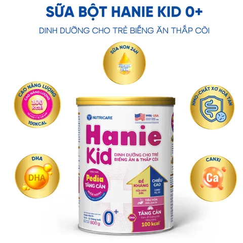 Sữa Bột HANIE KID 0+ Nutricare Cho Bé Suy Dinh Dưỡng Biếng Ăn Thấp Còi Sữa Non 24H Cao Năng Lượng Từ 1-12 Tháng 800G