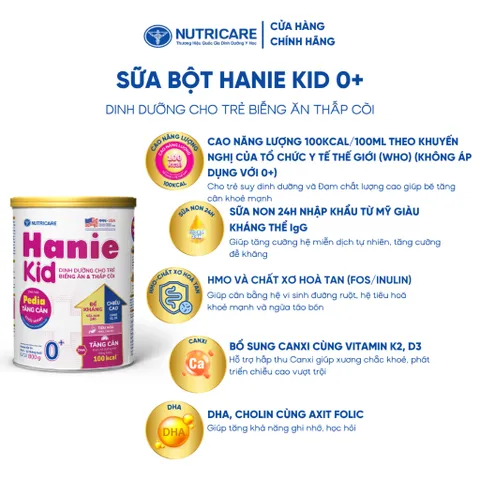Sữa Bột HANIE KID 0+ Nutricare Cho Bé Suy Dinh Dưỡng Biếng Ăn Thấp Còi Sữa Non 24H Cao Năng Lượng Từ 1-12 Tháng 800G