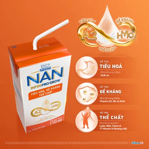 Thùng sữa pha sẵn Nestle NAN INFINIPRO GROW với A2 & HMO hỗ trợ tiêu hóa, đề kháng & phát triển thể chất 110ml/180ml