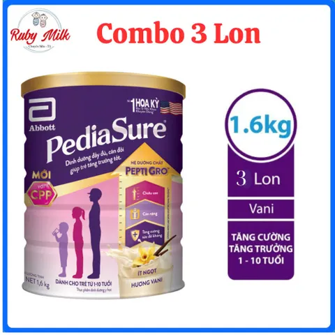 Combo 3 Lon Sữa Bột Pediasure 1,6Kg Hương Vani Ít Ngọt