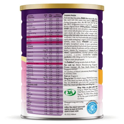 Sữa Bột Pediasure Lon 1,6kg Vani Ít Ngọt