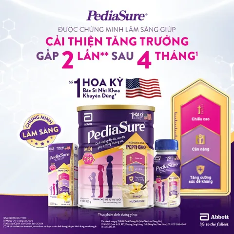 Sữa Bột PediaSure 1-10 tuổi dạng bột hương Vani ít ngọt Lon 380g,800g, 1.6kg