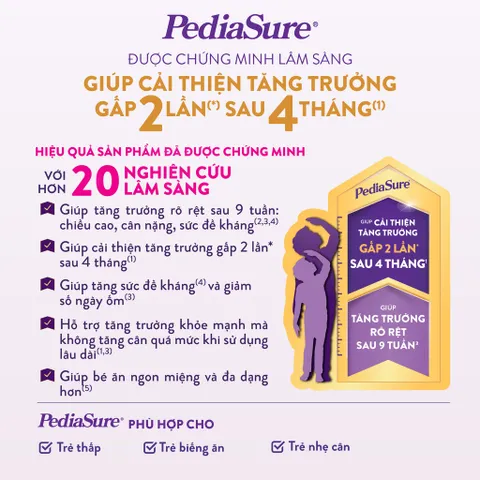 Sữa Bột PediaSure 1-10 tuổi dạng bột hương Vani ít ngọt Lon 380g,800g, 1.6kg