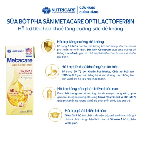 [Combo 2 Thùng] Sữa Bột Pha Sẵn METACARE OPTI  LACTOFERRIN Hỗ Trợ Tiêu Hoá Khoẻ Tăng Cường Đề Kháng 110ml/180