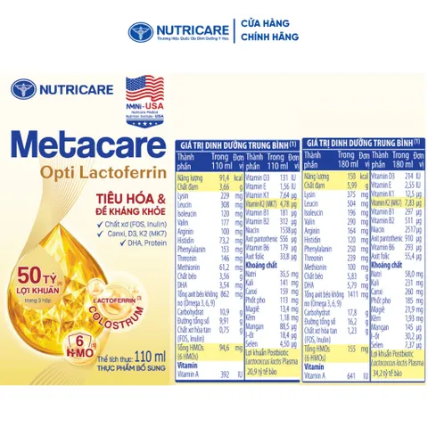 [Combo 2 Thùng] Sữa Bột Pha Sẵn METACARE OPTI  LACTOFERRIN Hỗ Trợ Tiêu Hoá Khoẻ Tăng Cường Đề Kháng 110ml/180