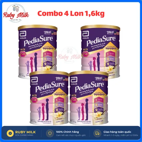 Combo 4 Lon Sữa Bột Pediasure Lon 1,6kg Hương Vani Ít Ngọt