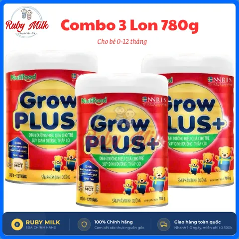 [Combo 3 Lon Sữa Bột NutiFood Growplus+ Suy Dinh Dưỡng, Hấp Thu Tốt, Tăng Đề Kháng  cho bé từ 0-12 tháng lon 780g_Rubymi