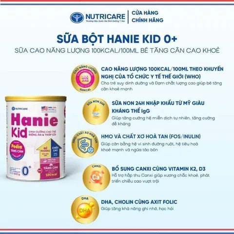 Sữa Bột Hanie Kid - Hỗ Trợ Tăng Cân, Giảm Biếng Ăn, Suy Dinh Dưỡng Thấp Còi