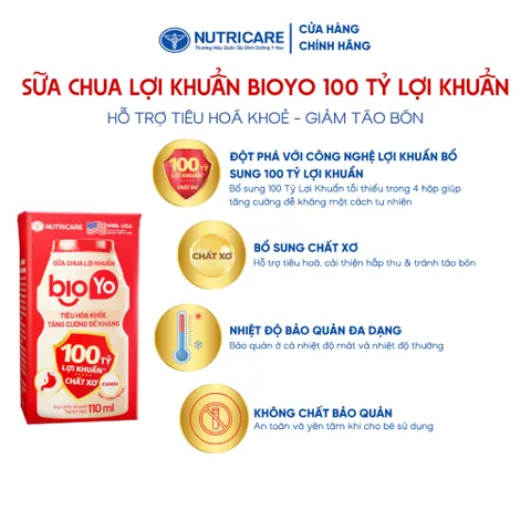 Thùng 24 Hộp Sữa Chua Lợi Khuẩn NUTRICARE BIOYO Bổ Sung 100 Tỷ Lợi Khuẩn Tăng Cường Đề Kháng Tiêu Hoá Khoẻ 110ml