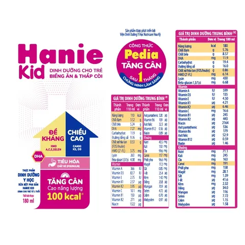 Sữa bột pha sẵn Hanie Kid 110ml, 180ml Nutricare cho trẻ biếng ăn suy dinh dưỡng