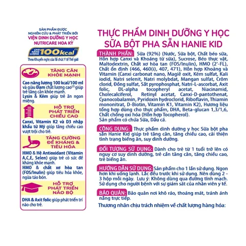 Sữa bột pha sẵn Hanie Kid 110ml, 180ml Nutricare cho trẻ biếng ăn suy dinh dưỡng