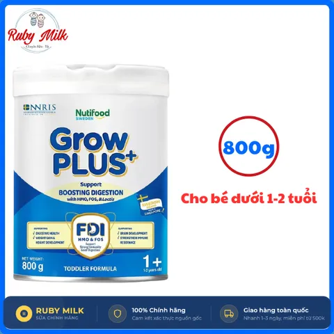 Sữa bột Nutifood Sweden GrowPLUS+ Tiêu Hóa (Xanh Nhạt) Lon 1+ 800g - Tiêu hóa khỏe, tăng cân