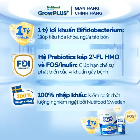 Sữa bột Nutifood Sweden GrowPLUS+ Tiêu Hóa (Xanh Nhạt) Lon 1+ 800g - Tiêu hóa khỏe, tăng cân