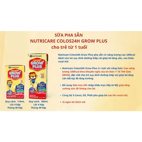 [Combo 2 Thùng] Sữa Pha Sẵn Nutricare Colos 24h Grow Plus phát triển toàn diện 110ml (48 hộp/Thùng)