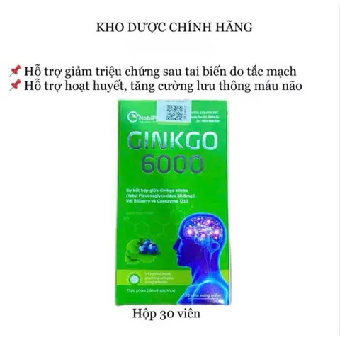 Bổ não GINKGO tăng cường trí nhớ GINKGO BILOBA 6000 lọ 30 viên - Hoạt huyết, tăng cường lưu thông máu não