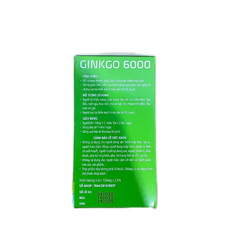 Bổ não GINKGO tăng cường trí nhớ GINKGO BILOBA 6000 lọ 30 viên - Hoạt huyết, tăng cường lưu thông máu não