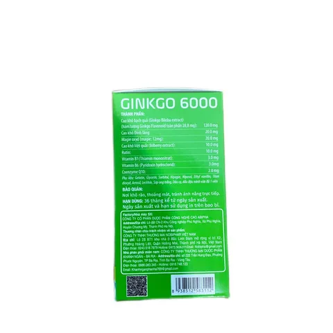 Bổ não GINKGO tăng cường trí nhớ GINKGO BILOBA 6000 lọ 30 viên - Hoạt huyết, tăng cường lưu thông máu não