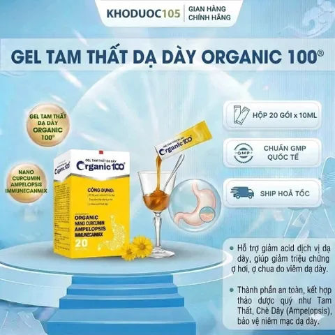 GEL TAM THẤT DẠ DÀY organic100 hộp 20gói x 10ml - Hỗ trợ giảm acid dịch vị dạ dày, giảm ợ hơi ợ chua do viêm dạ dày
