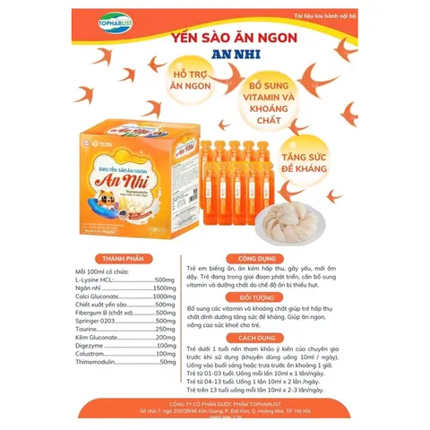 Siro yến sào ăn ngon An Nhi, tăng cân cho trẻ biếng ăn, tăng sức đề kháng, Hộp 20 ống